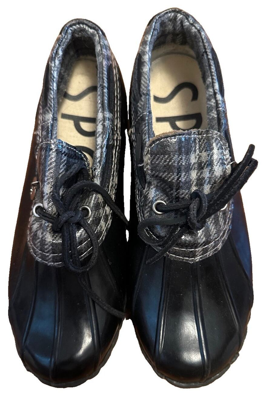 Sporto Plaid Low Duck Boots Black Grey Tartan Flannel Trim Rain- Sz 6
